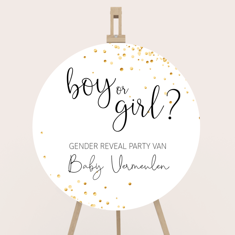 Gender reveal welkomstbord rond goud