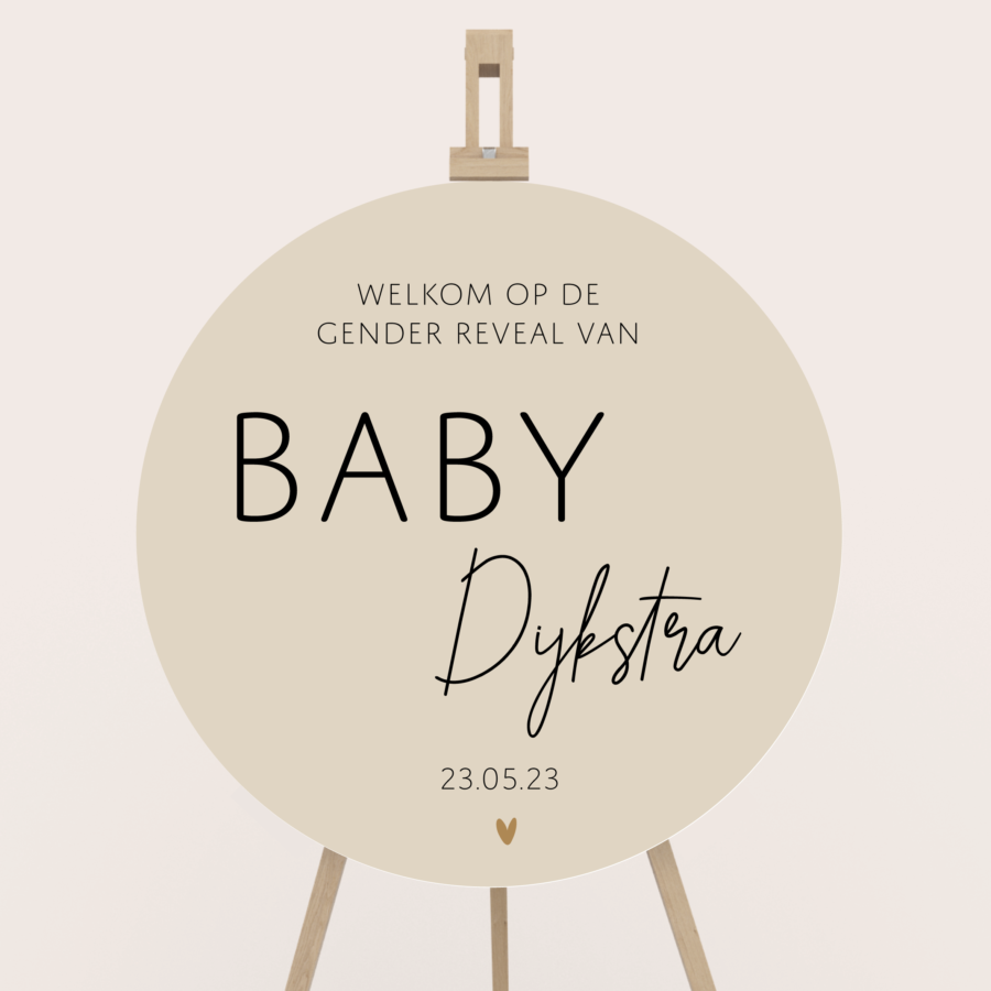 Gender reveal welkomstbord rond zand