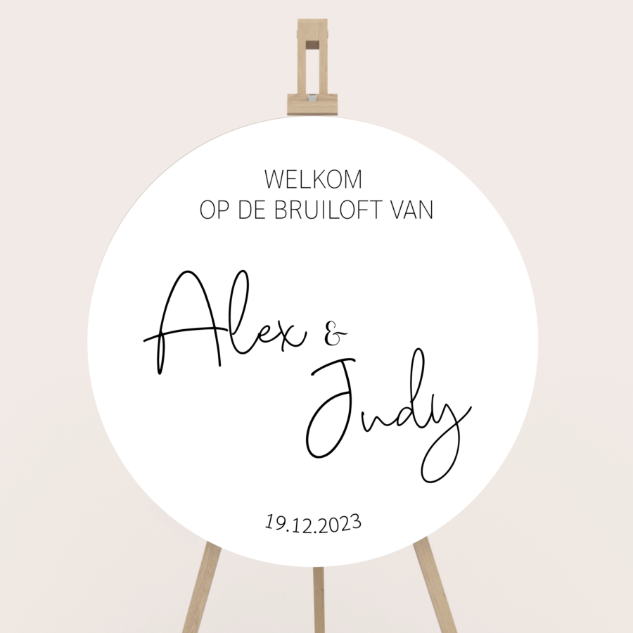 Welkomstbord bruiloft rond zwart wit