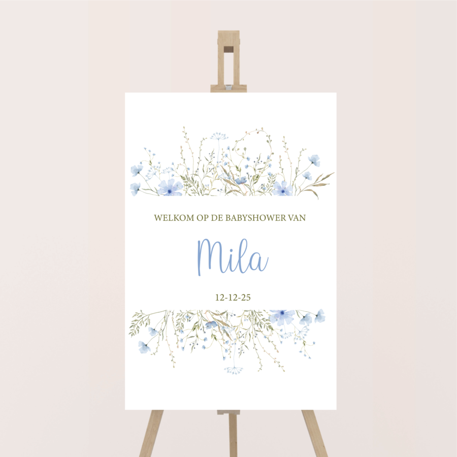 babyshowerbord welkomstbord blauwe bloemen