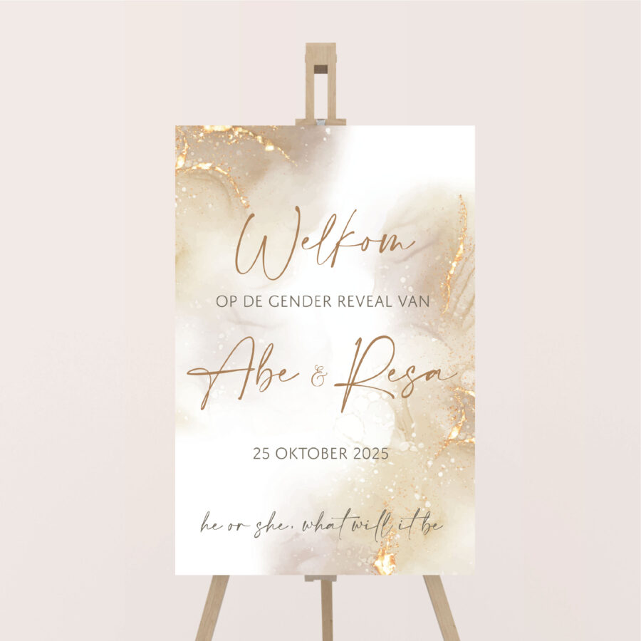 welkomstbord gender reveal gold marble