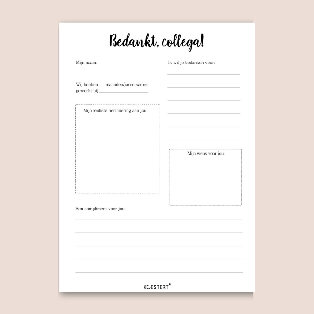 Bedankt collega printable invulpagina