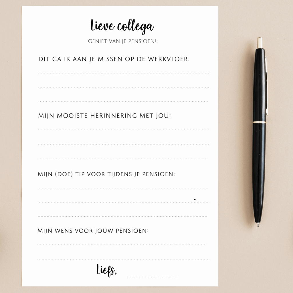 invulkaart pensioen afscheid collega printable koestert